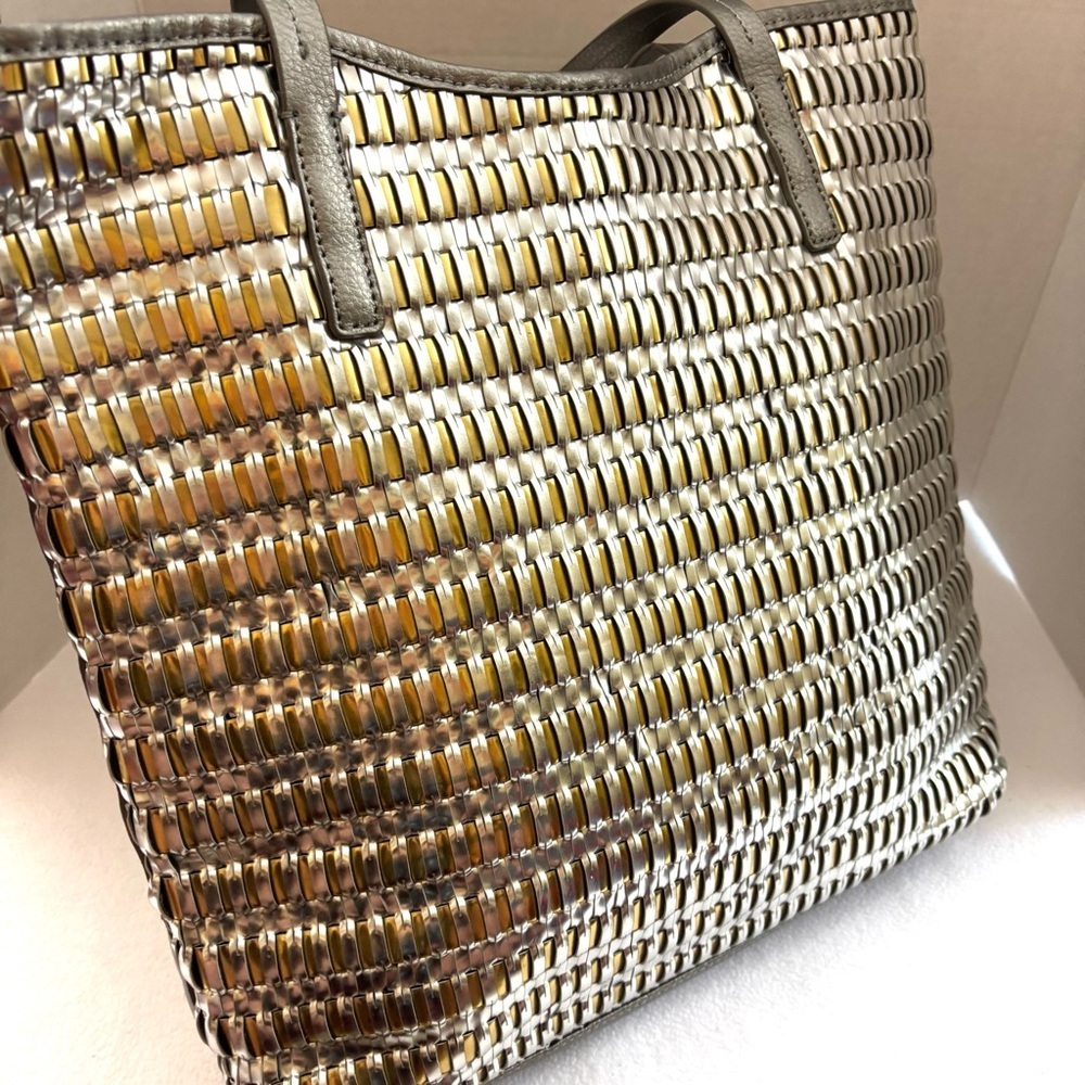 Botkier Large Silver/ Gold Metallic New York Leather Woven Tote Bag Purse - Picture 7 of 15